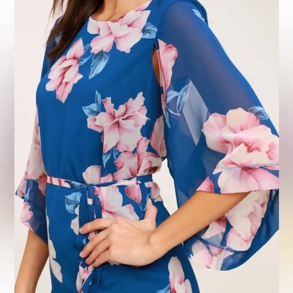 🆕 LULUS SZ XS Joyful Noise Denim Blue Floral Print Mini Dress - Picture 2 of 7
